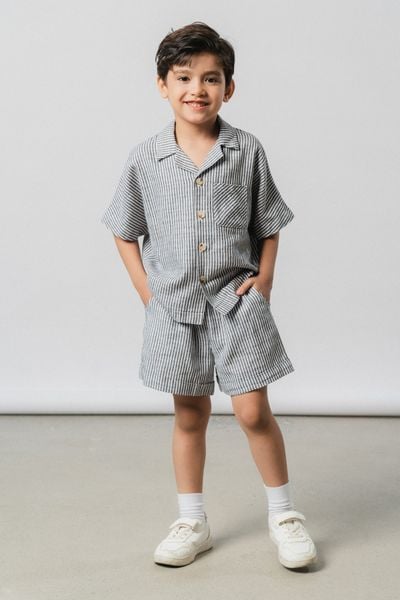  Áo sơ mi resort unisex trẻ em vải linen kẻ 