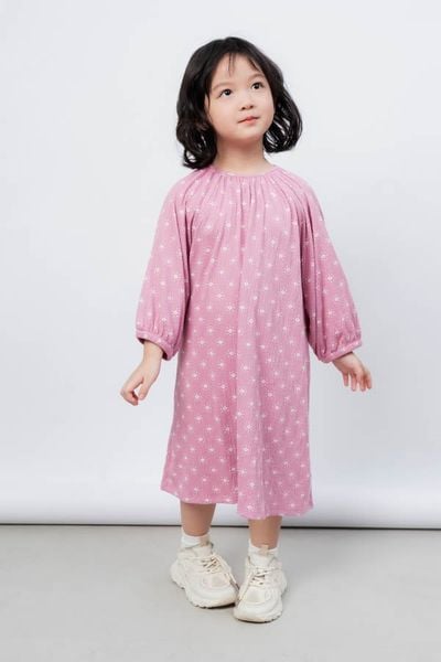  váy dáng A tay bồng vải họa tiết bé gái 