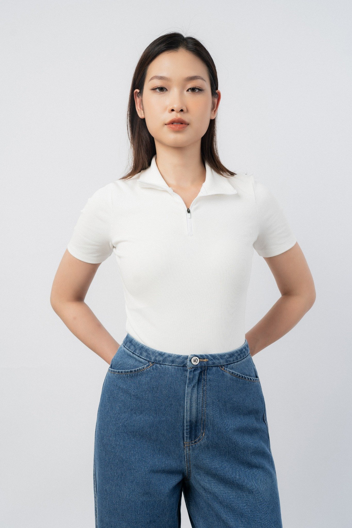 Áo bodysuit nữ cổ kéo khóa vải rib – ammofficial