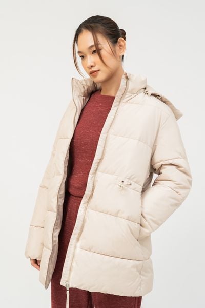  Áo khoác nữ chần bông có mũ rút eo 