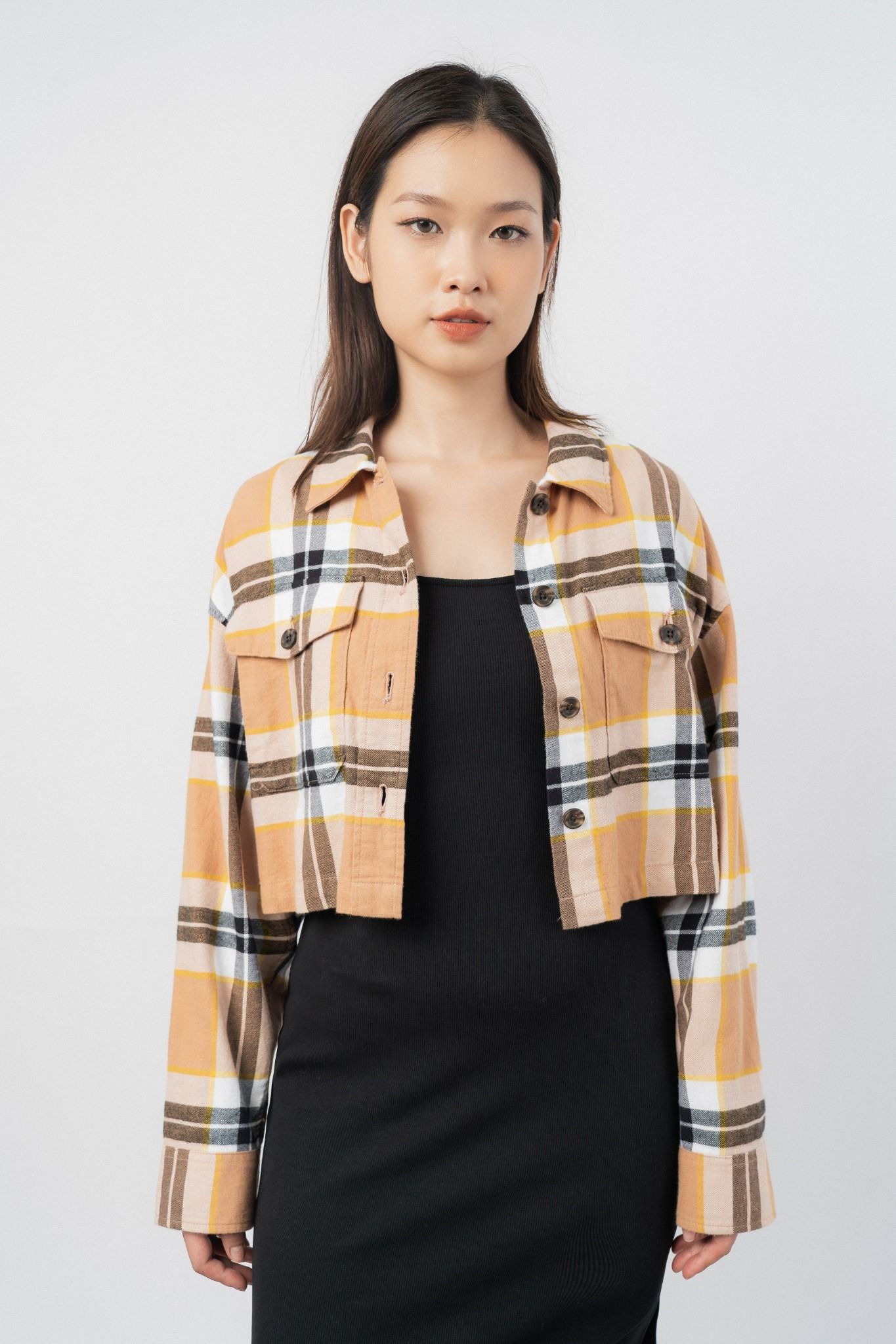  Áo sơ mi nữ flannel kẻ túi ngực 