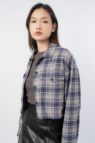  Áo sơ mi nữ flannel kẻ túi ngực 