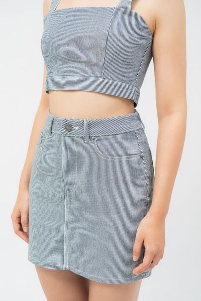  Chân váy mini vải denim kẻ 