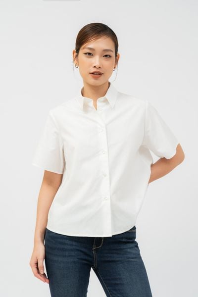  Áo sơ mi nữ ngắn tay dáng hộp vải poplin nhăn 