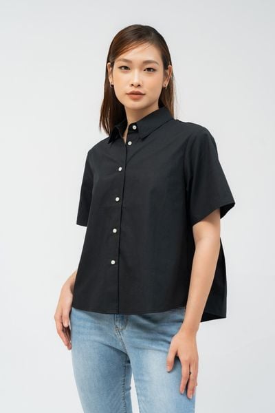  Áo sơ mi nữ ngắn tay dáng hộp vải poplin nhăn 
