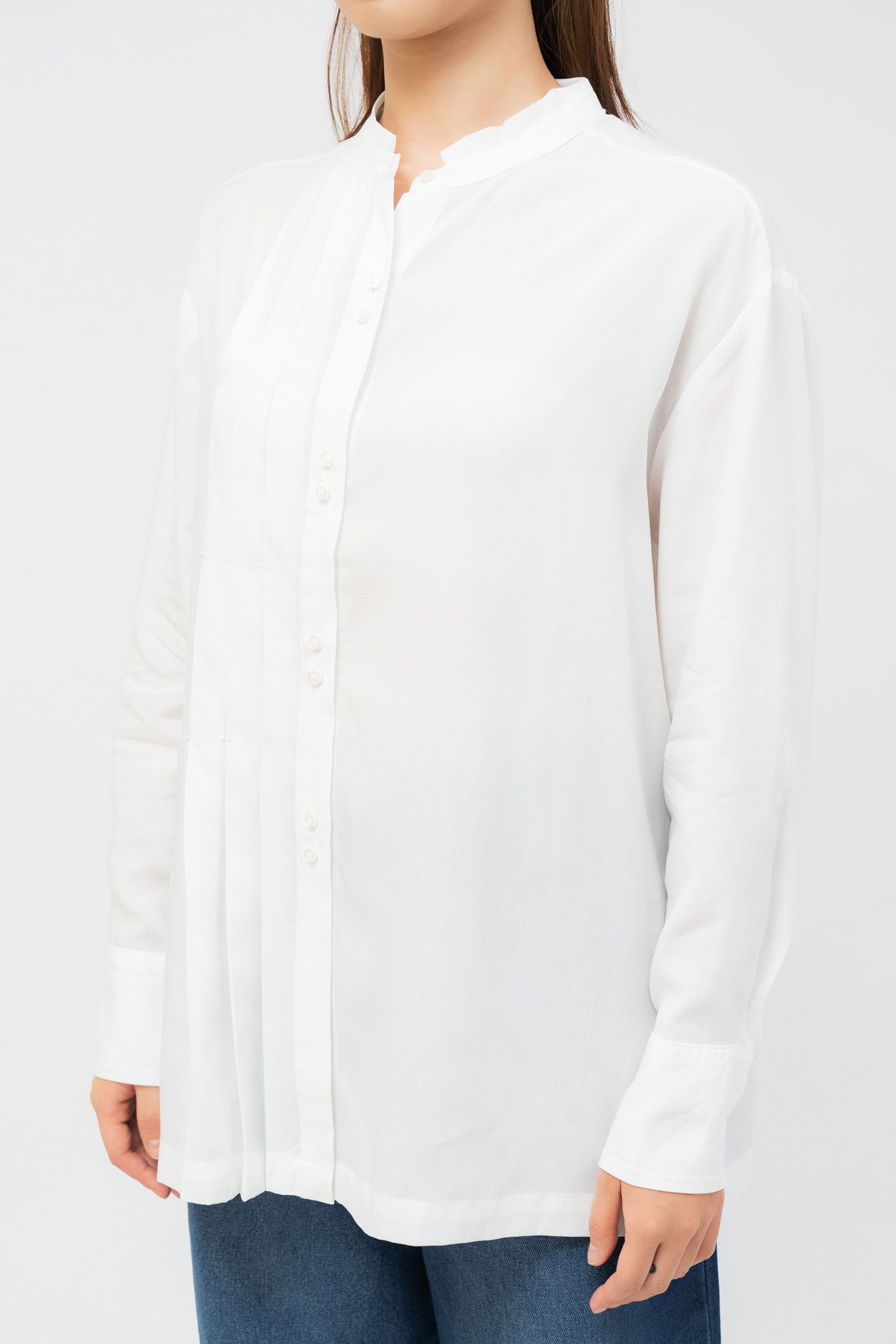  Áo sơ mi nữ cổ trụ xếp ly thân trước vải tencel 