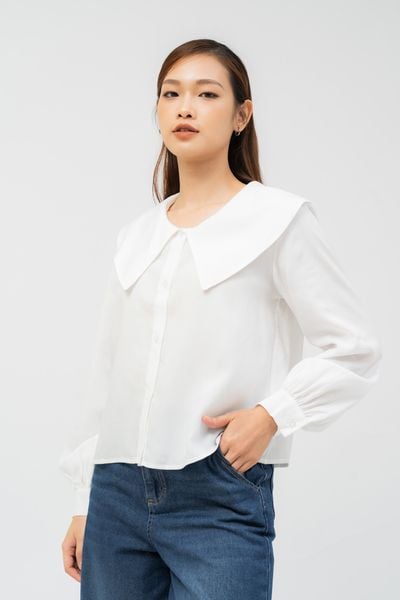  Áo sơ mi nữ tay bồng cổ rộng vải tencel 