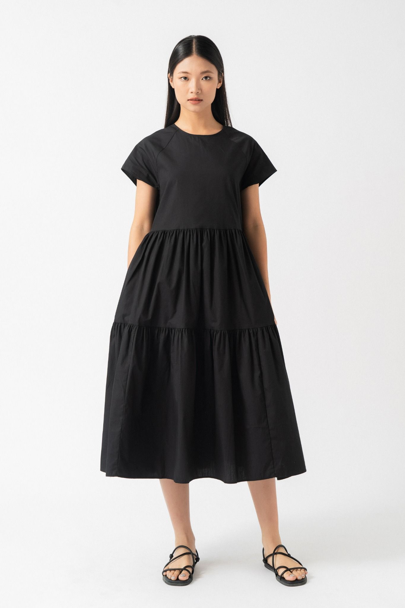  Đầm midi nữ poplin xếp tầng 