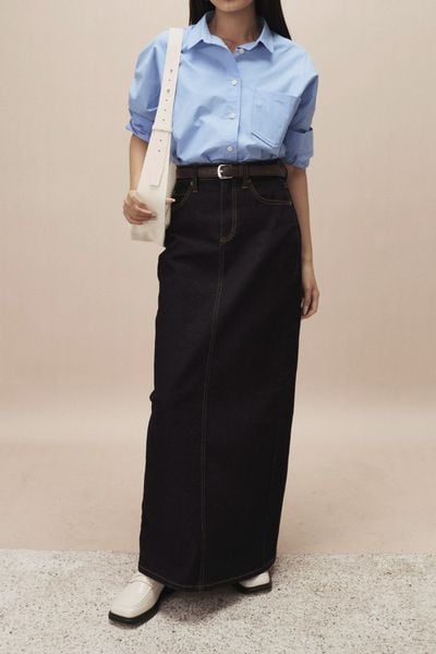  Chân váy Denim nữ dáng midi Raw 