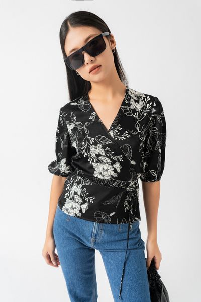  Áo nữ kiểu wrap vải lụa satin in hoa 
