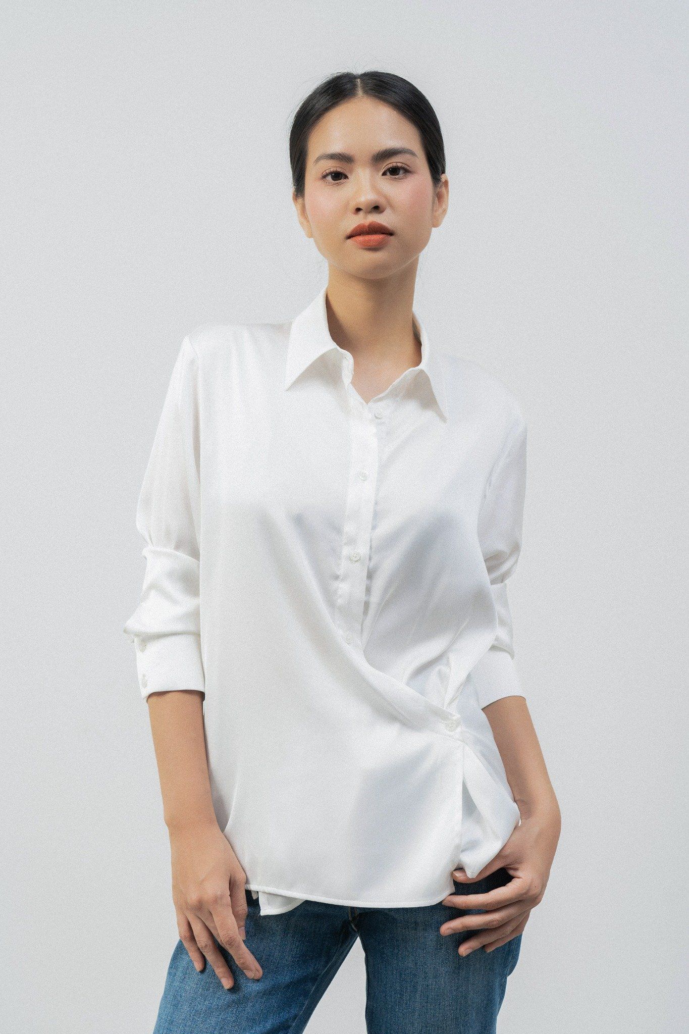  Áo sơ mi wrap nữ vải lụa satin 