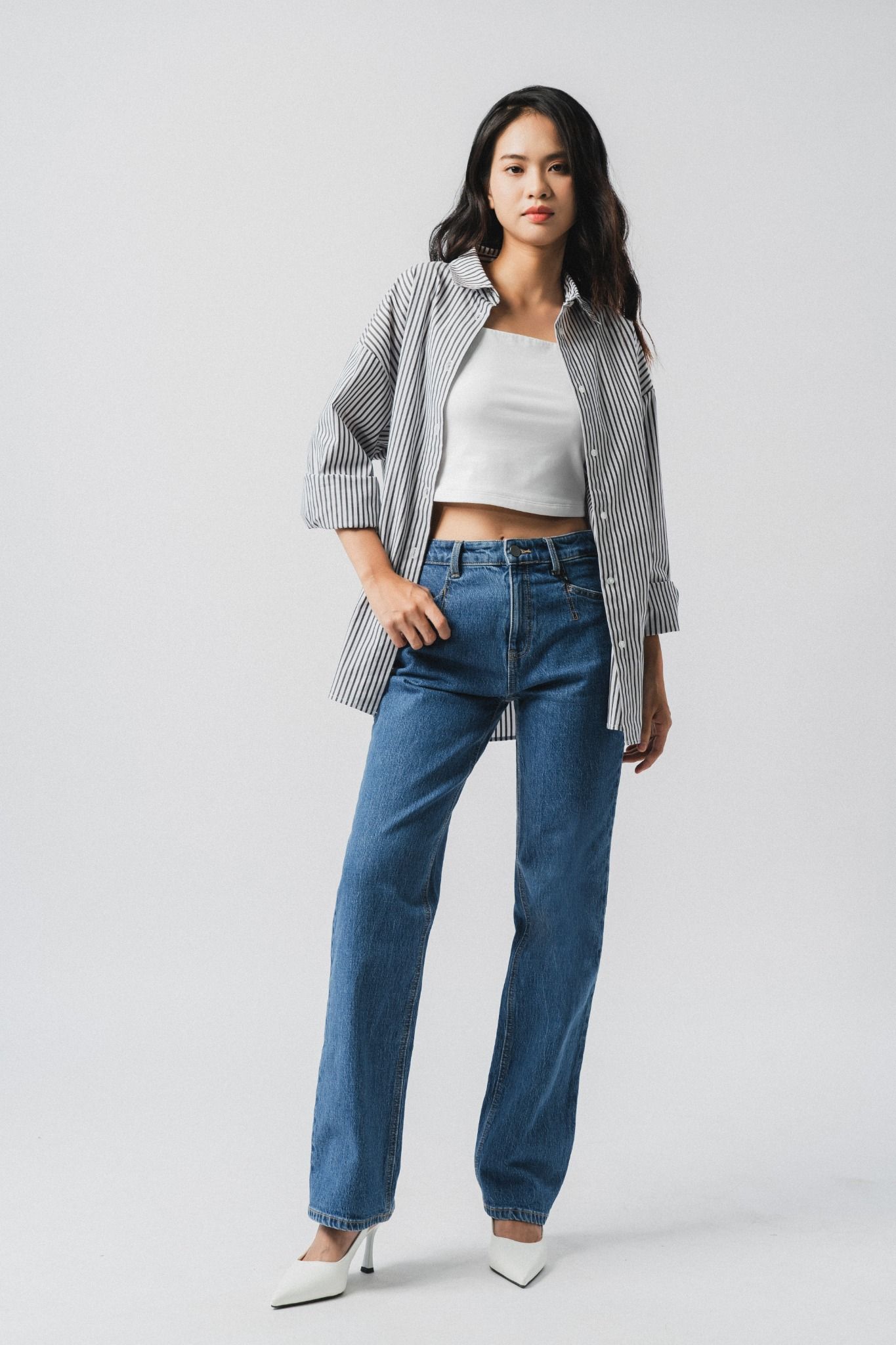  Áo sơ mi nữ vải kẻ poplin dáng relax 