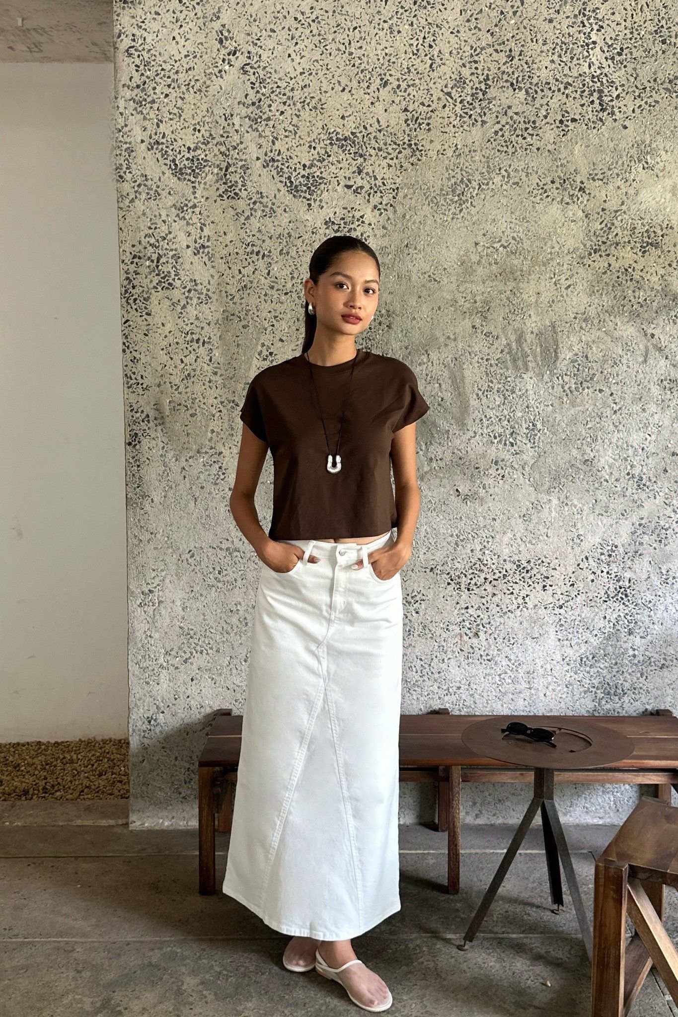  Chân váy Denim nữ dáng Midi xẻ vạt sau 