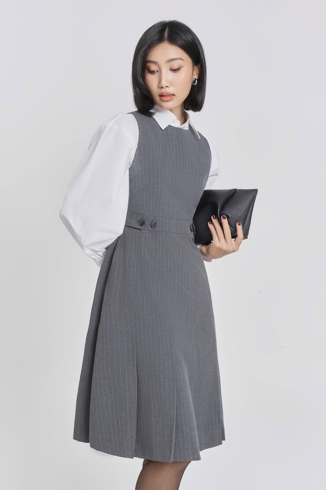  Đầm khoét nách nữ vải Suiting họa tiết kẻ 