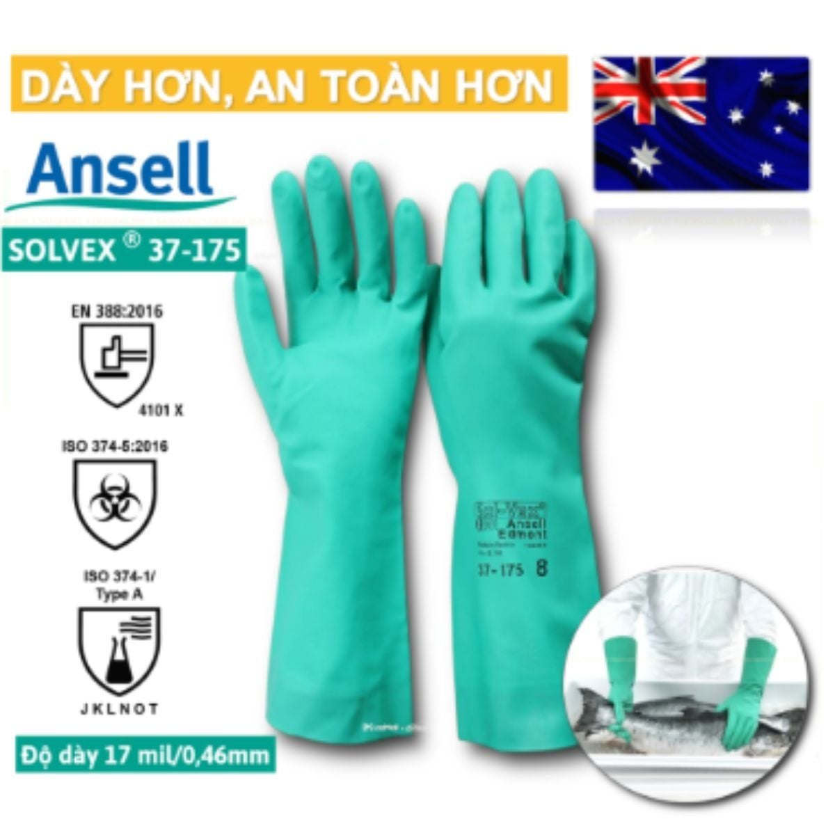 Găng Tay Chống Hóa Chất Ansell 37-175 Chính Hãng, Giá Rẻ