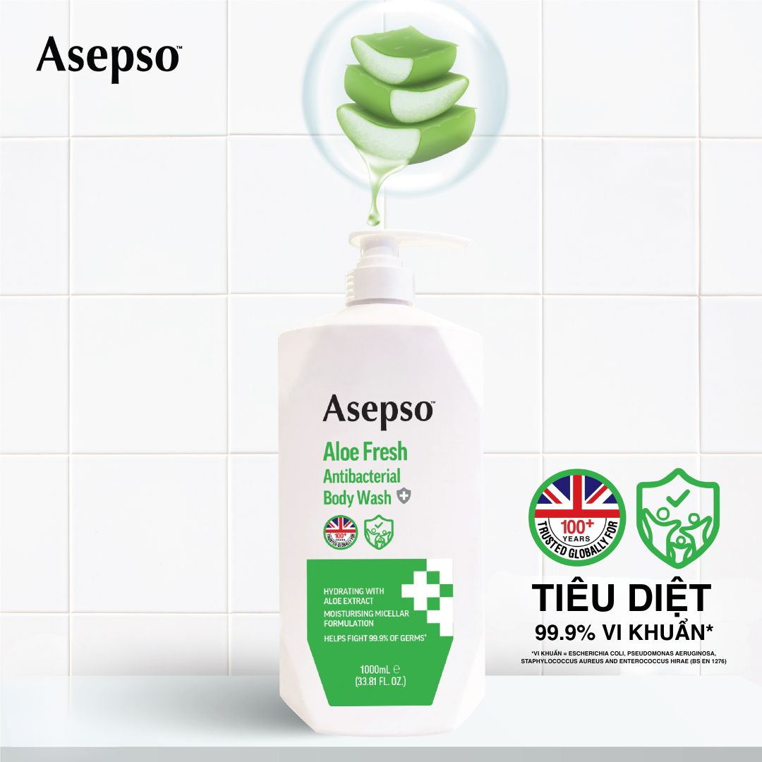  Sữa Tắm Kháng Khuẩn Dưỡng Da ASEPSO Sạch Sâu Cấp Ẩm Chiết Xuất Nha Đam 1000ml 