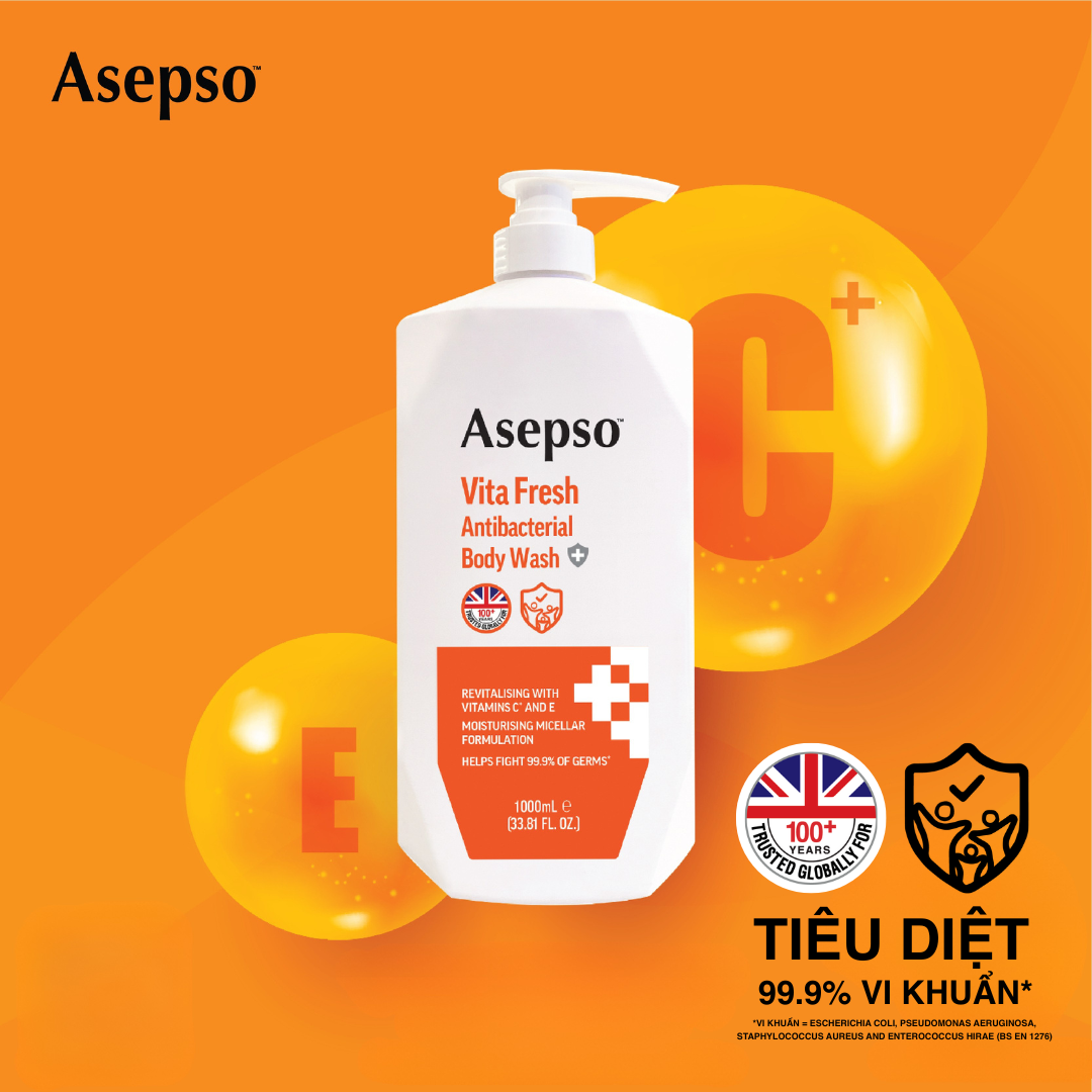  Sữa Tắm Kháng Khuẩn ASEPSO Dưỡng Sáng Da Bổ Sung Vitamin C & E 1000ml 