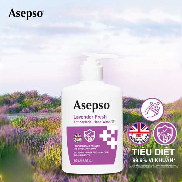  [Hết Hàng] Nước Rửa Tay Kháng Khuẩn ASEPSO Dịu Nhẹ Không Khô Da Hương Lavender 