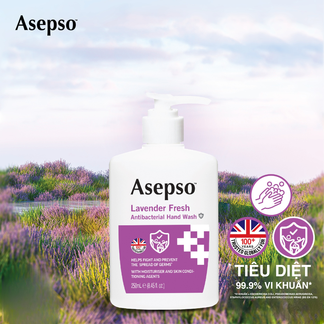  [Hết Hàng] Nước Rửa Tay Kháng Khuẩn ASEPSO Dịu Nhẹ Không Khô Da Hương Lavender 