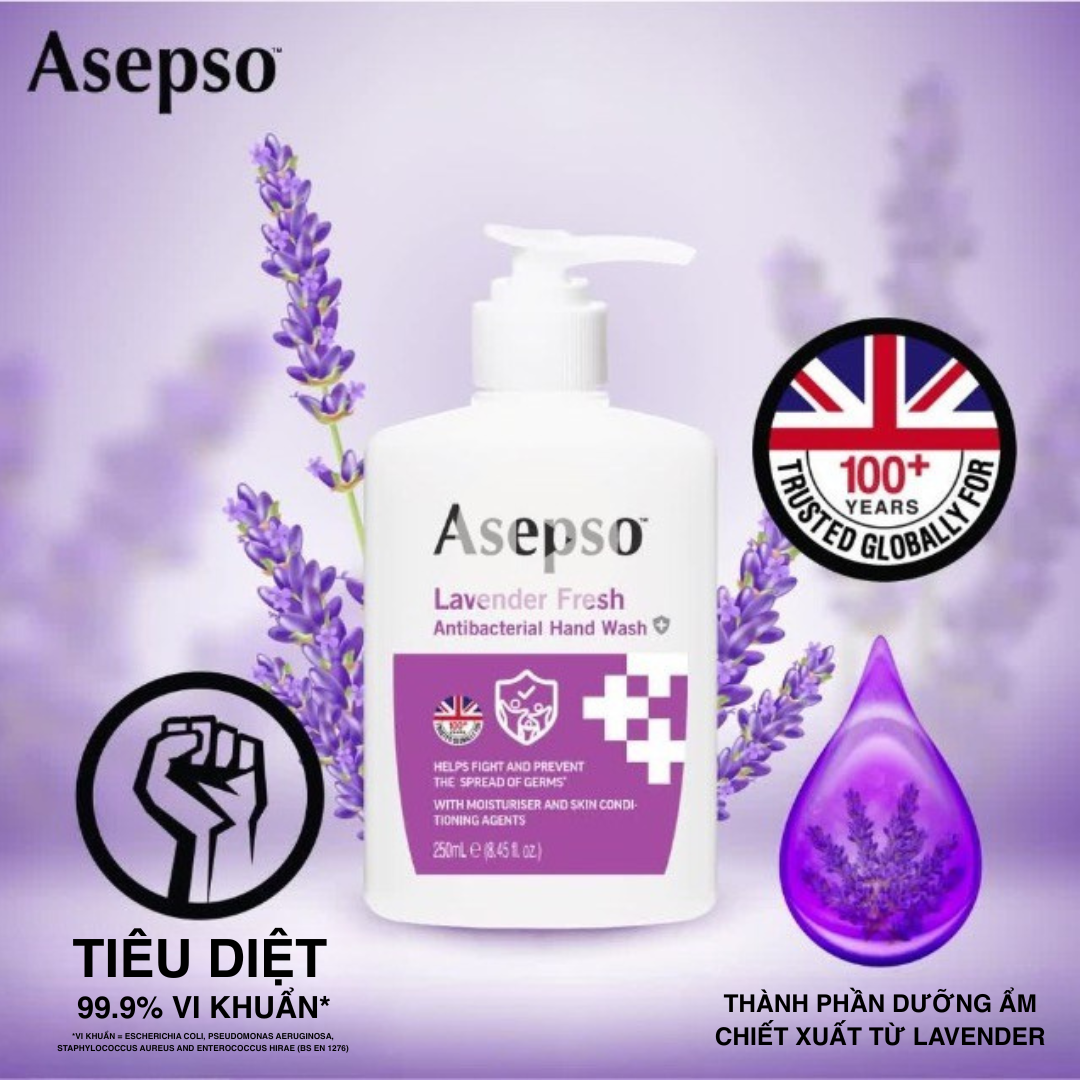  [Hết Hàng] Nước Rửa Tay Kháng Khuẩn ASEPSO Dịu Nhẹ Không Khô Da Hương Lavender 