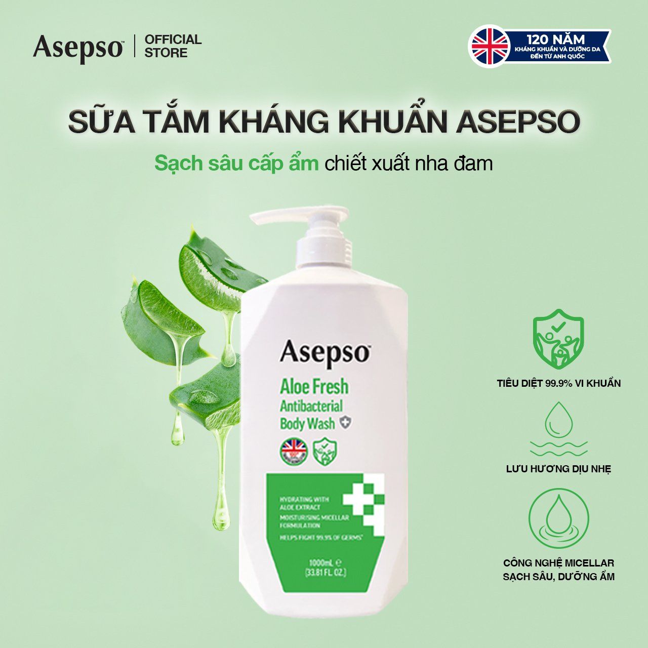  Sữa Tắm Kháng Khuẩn Dưỡng Da ASEPSO Sạch Sâu Cấp Ẩm Chiết Xuất Nha Đam 1000ml 