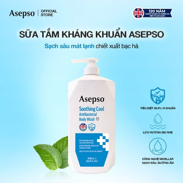  Sữa Tắm Kháng Khuẩn Dưỡng Da ASEPSO Sạch Sâu Mát Lạnh Hương Bạc Hà 1000ml 