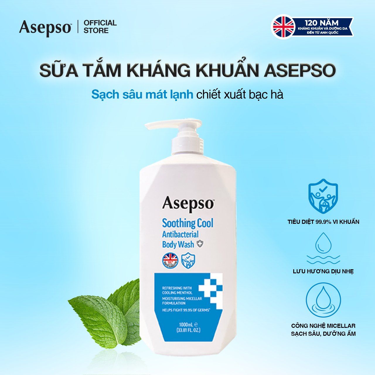  Sữa Tắm Kháng Khuẩn Dưỡng Da ASEPSO Sạch Sâu Mát Lạnh Hương Bạc Hà 1000ml 