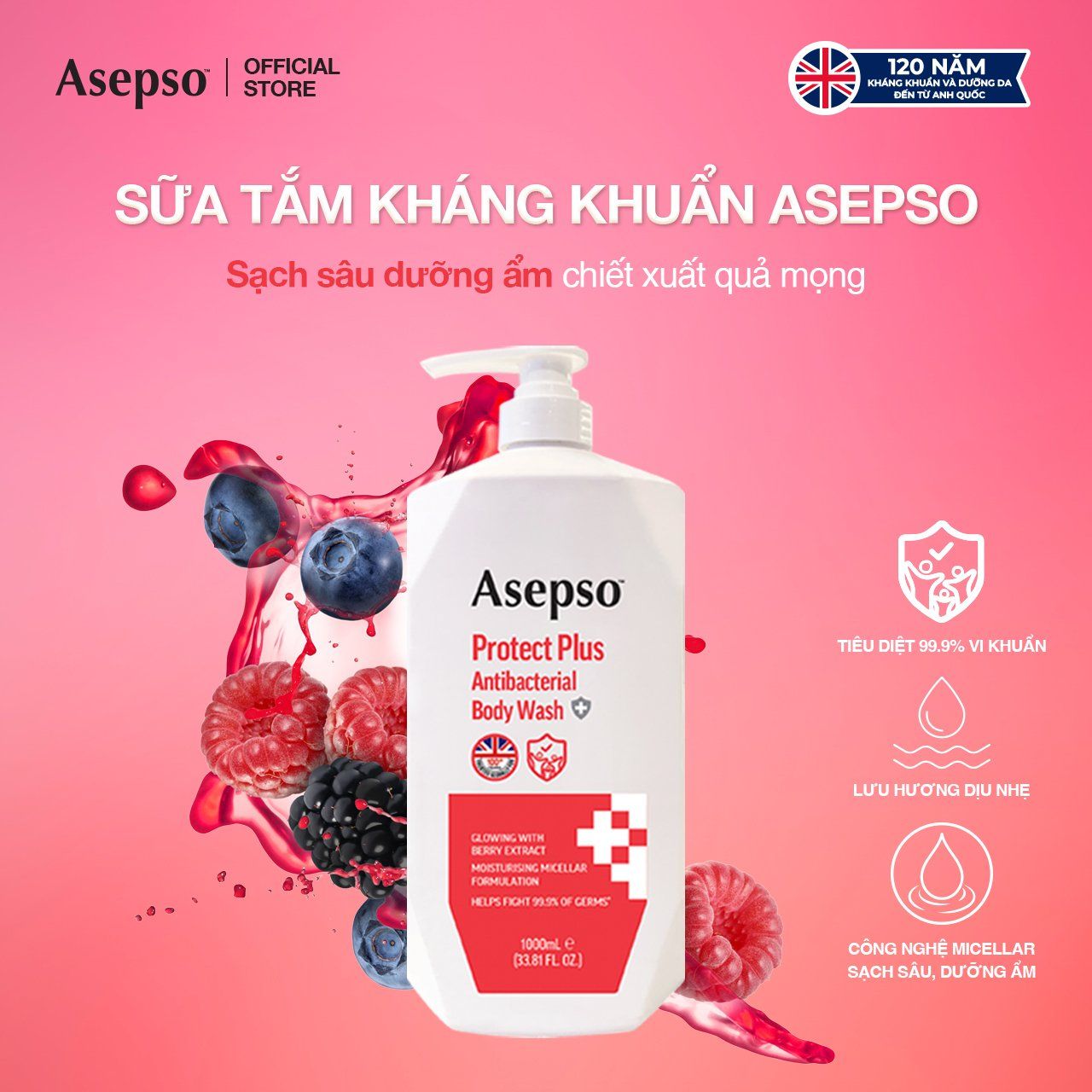 Sữa Tắm Kháng Khuẩn Dưỡng Da ASEPSO Sạch Sâu Dưỡng Ẩm Chiết Xuất Quả Mọng 1000ml 
