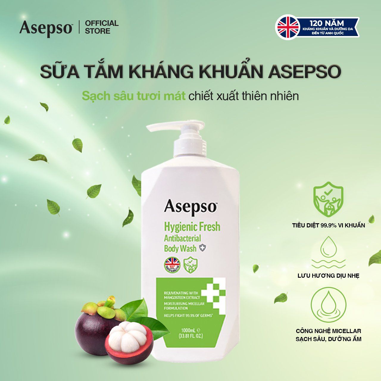  Sữa Tắm Kháng Khuẩn Dưỡng Da ASEPSO Sạch Sâu Tươi Mát Chiết Xuất Thiên Nhiên 1000ml 