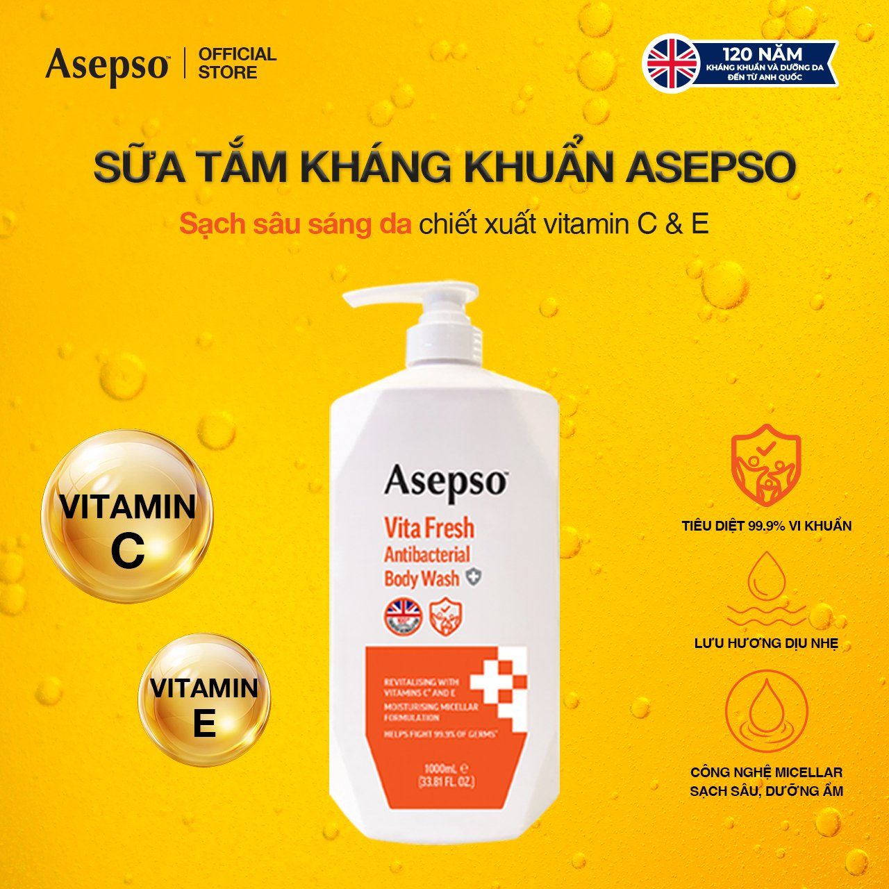  Sữa Tắm Kháng Khuẩn ASEPSO Dưỡng Sáng Da Bổ Sung Vitamin C & E 1000ml 