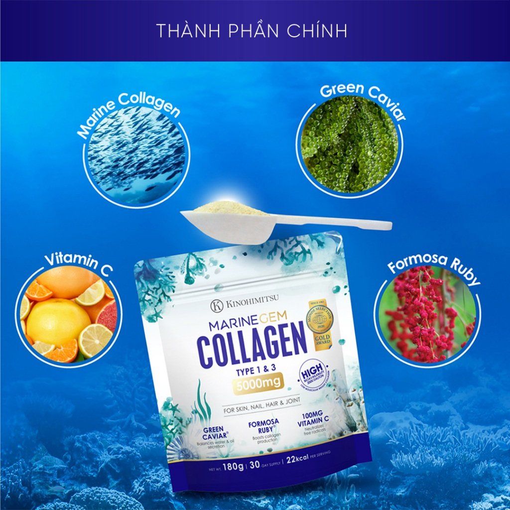  Kinohimitsu Marinegem Collagen 180G| BỘT UỐNG COLLAGEN KHOẺ DA TÓC MÓNG, XƯƠNG KHỚP 