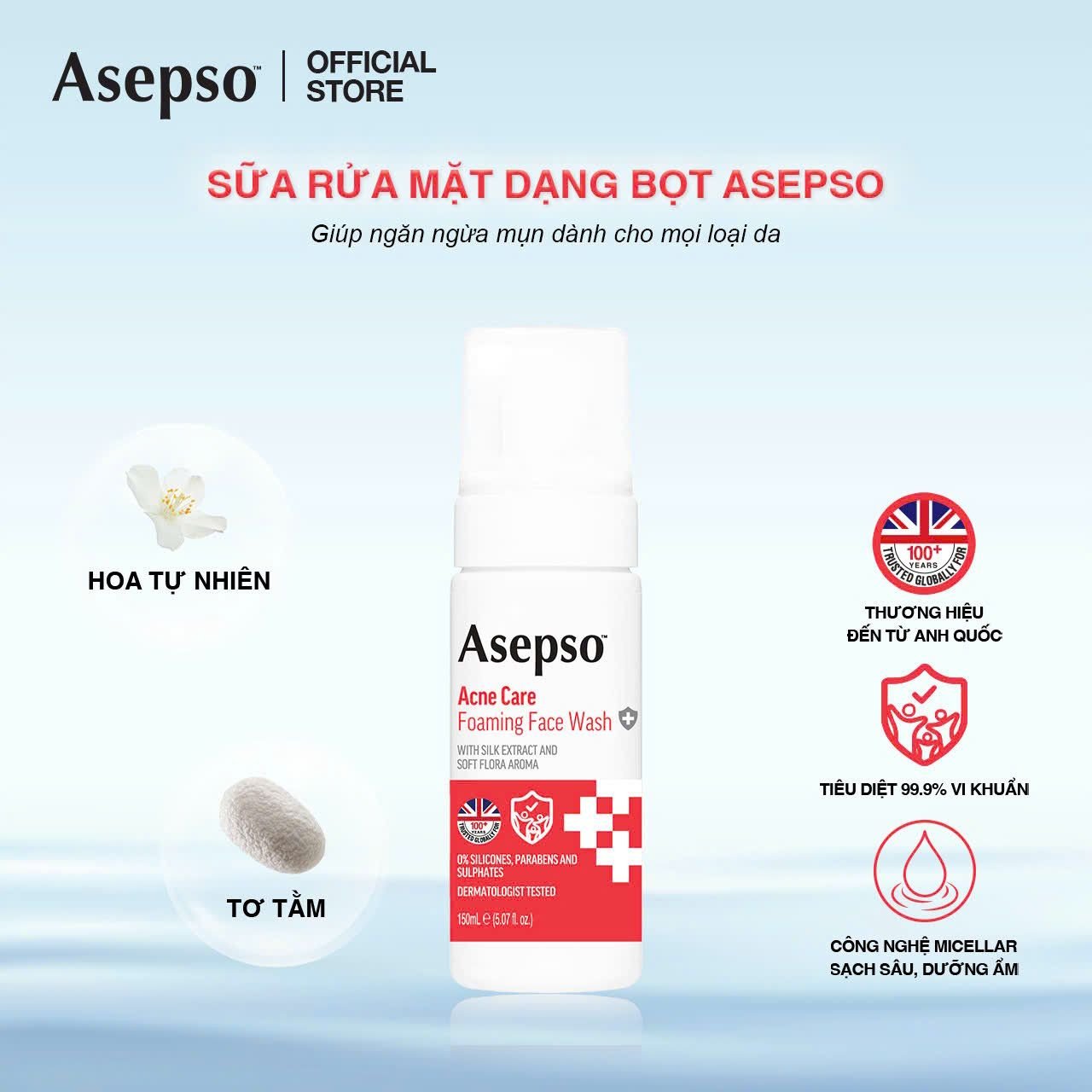  Sữa Rửa Mặt Dạng Bọt ASEPSO Giúp Ngăn Ngừa Mụn Chiết Xuất Tơ Tằm & Hương Hoa Tự Nhiên 150ml 