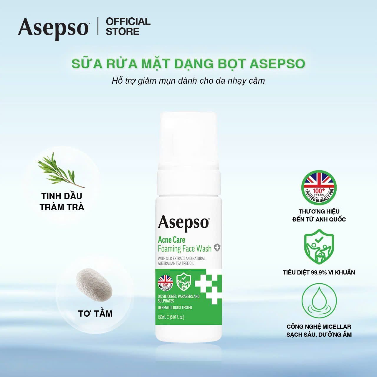  Sữa Rửa Mặt Dạng Bọt ASEPSO Hỗ Trợ Giảm Mụn Chiết Xuất Tơ Tằm & Tinh Dầu Tràm Trà Tự Nhiên Úc 150ml 