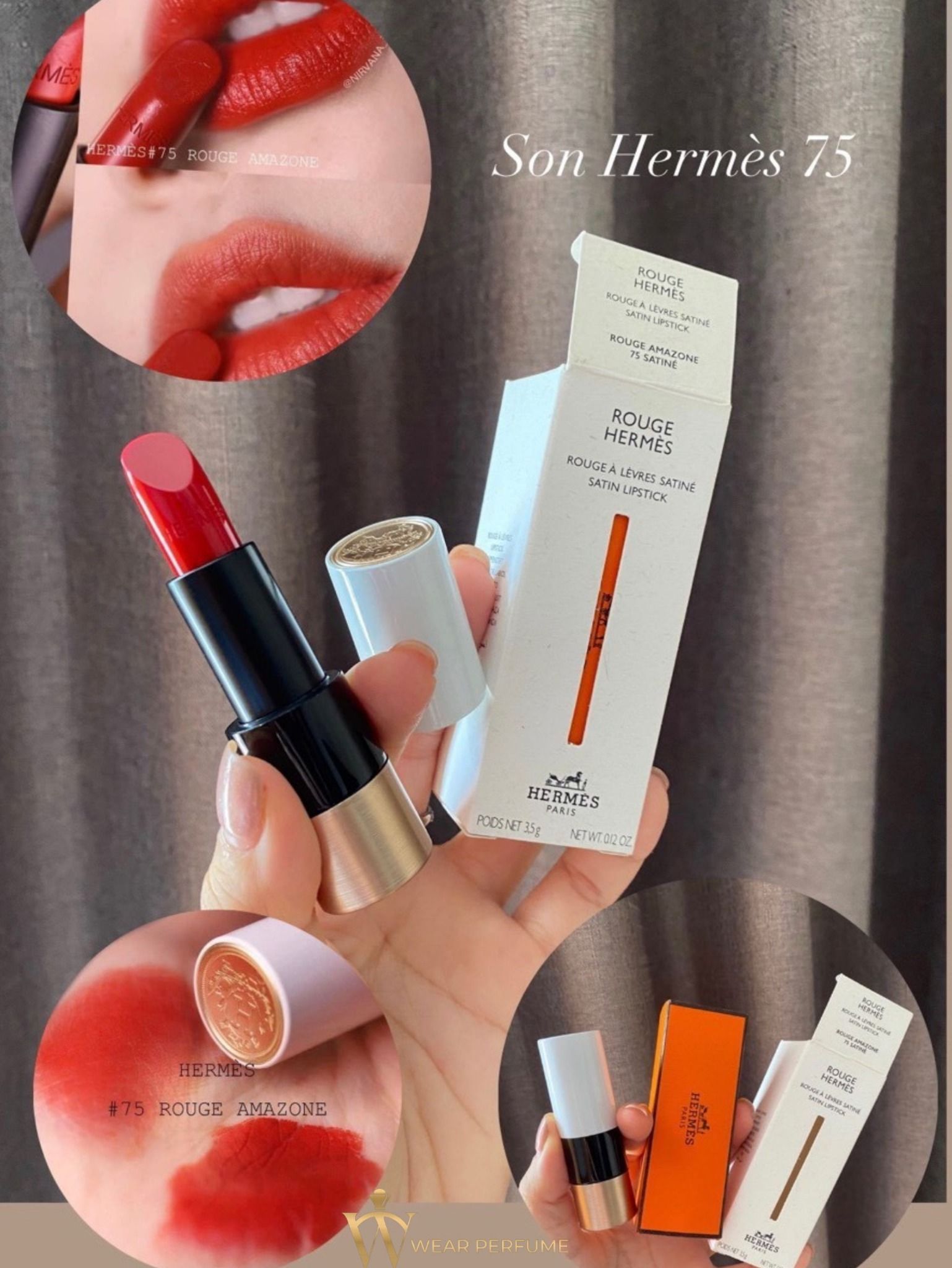 Son Hermes Satin Màu 75 Rouge Amazone - Đỏ Cam Cháy 