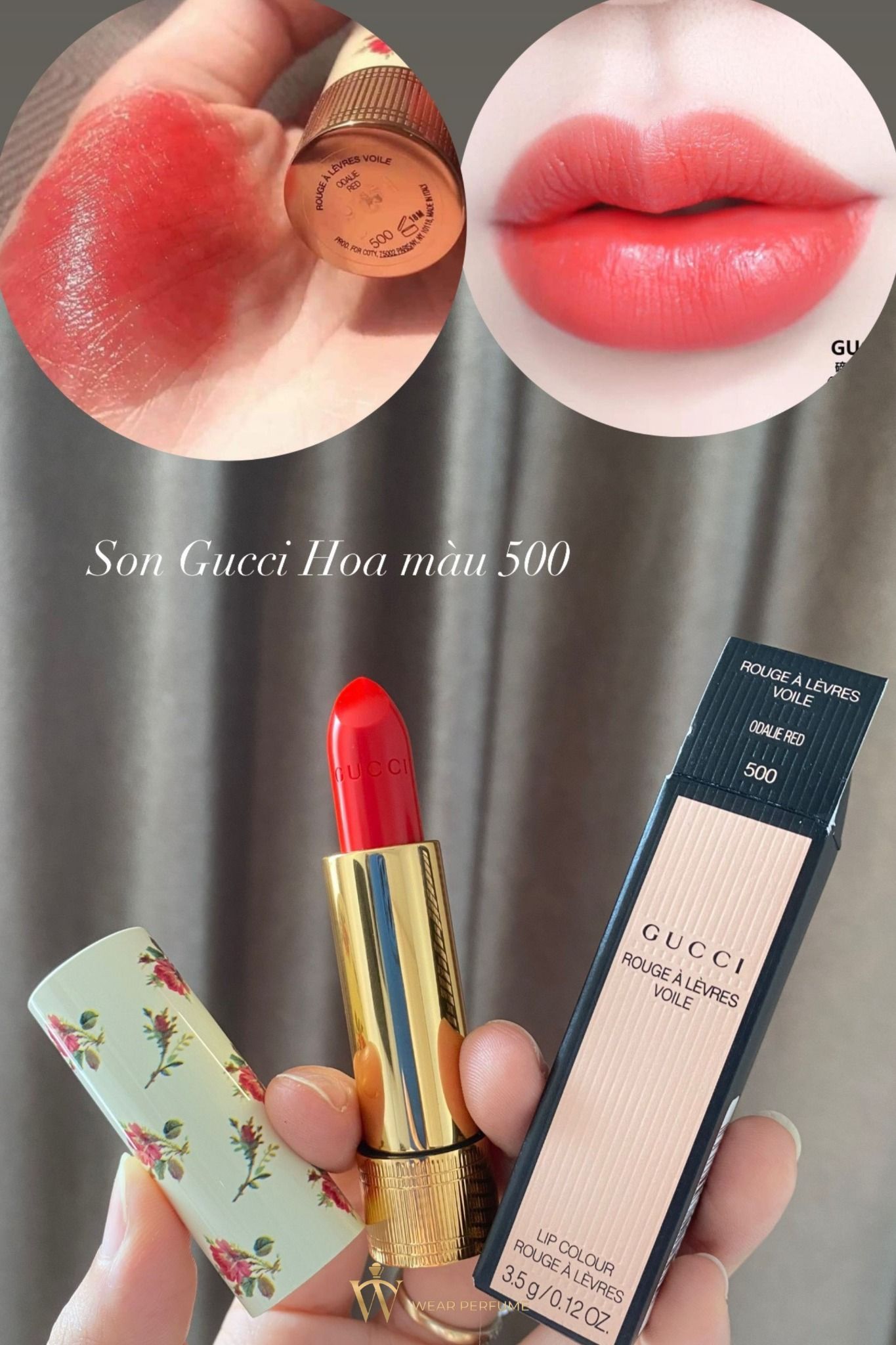  Son Gucci Rouge À Lèvres Voile Màu 500 Odalie Red (Vỏ hoa) – Đỏ Cam 