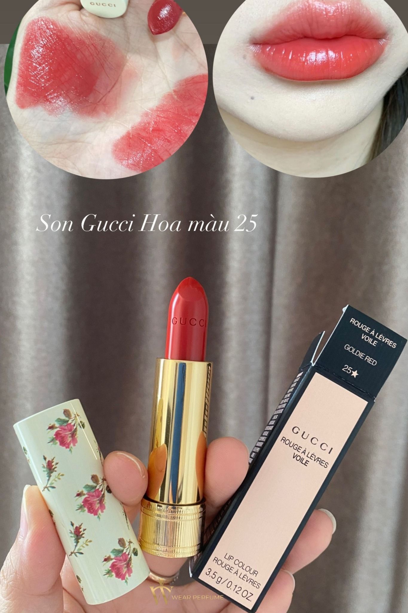  Son Gucci Rouge À Lèvres Voile 25 Goldie Red (Vỏ Hoa) – Màu Đỏ Tươi 