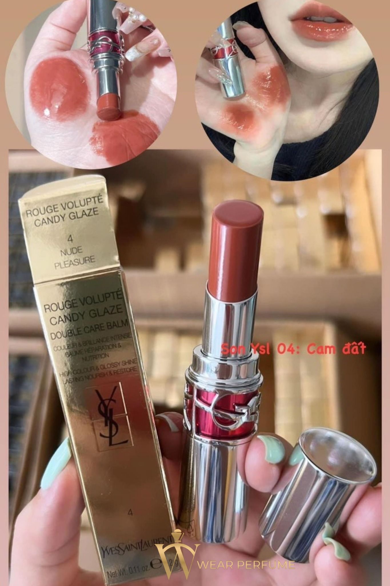  Son YSL Rouge Volupte Candy Glaze 4 Nude Pleasure – Màu Cam Đất 