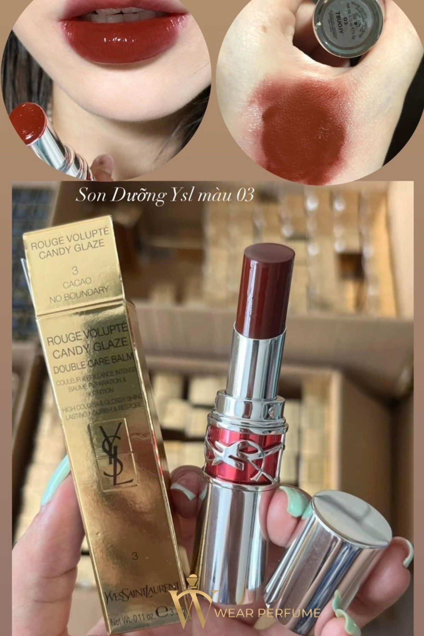  Son YSL Rouge Volupte Candy Glaze 3 Cacao No Boundary – Màu Đỏ Nâu 
