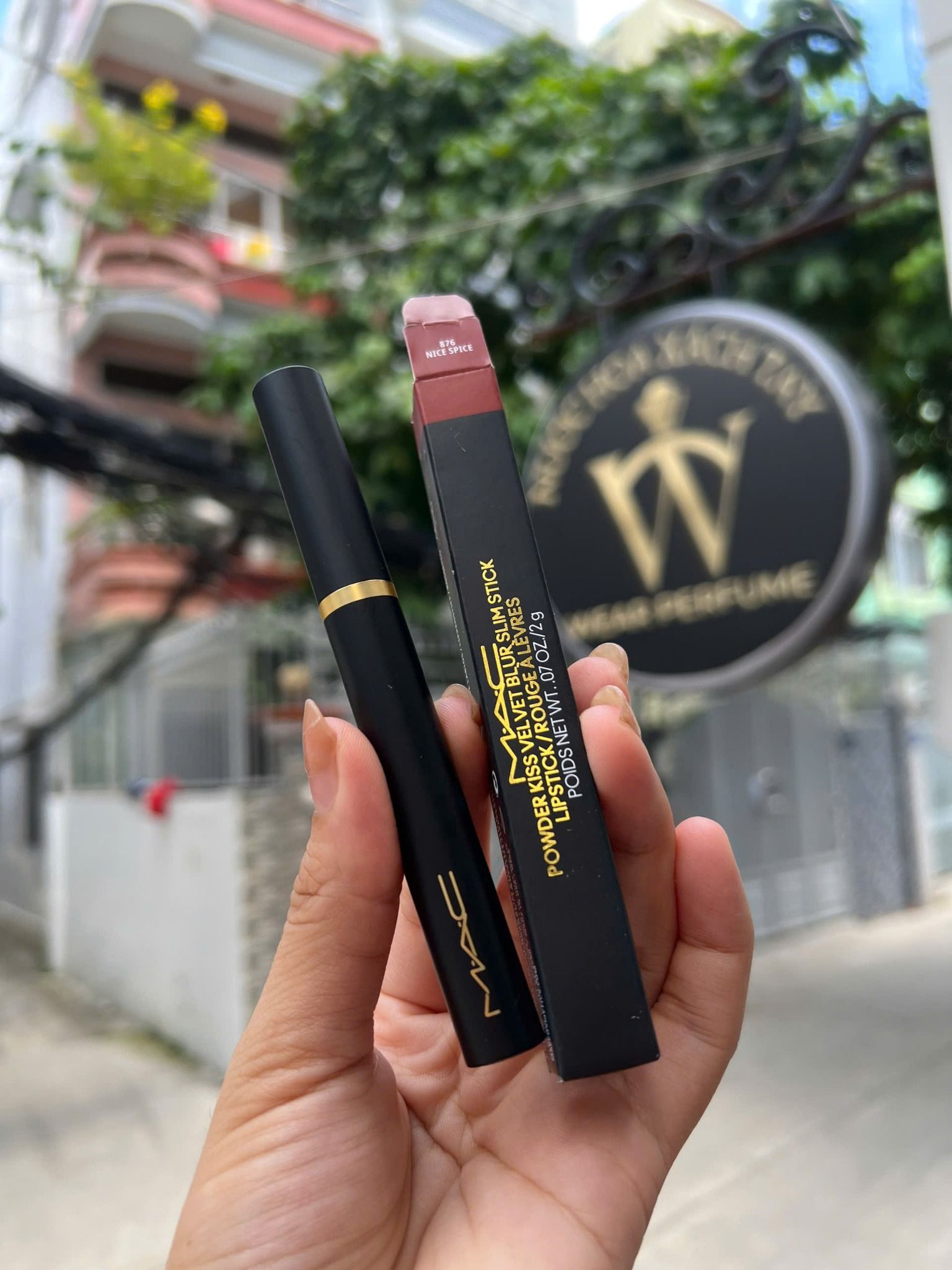  Son Mac Powder Kiss Velvet Blur Slim 876 Nice Spice - Màu Đỏ Nâu 