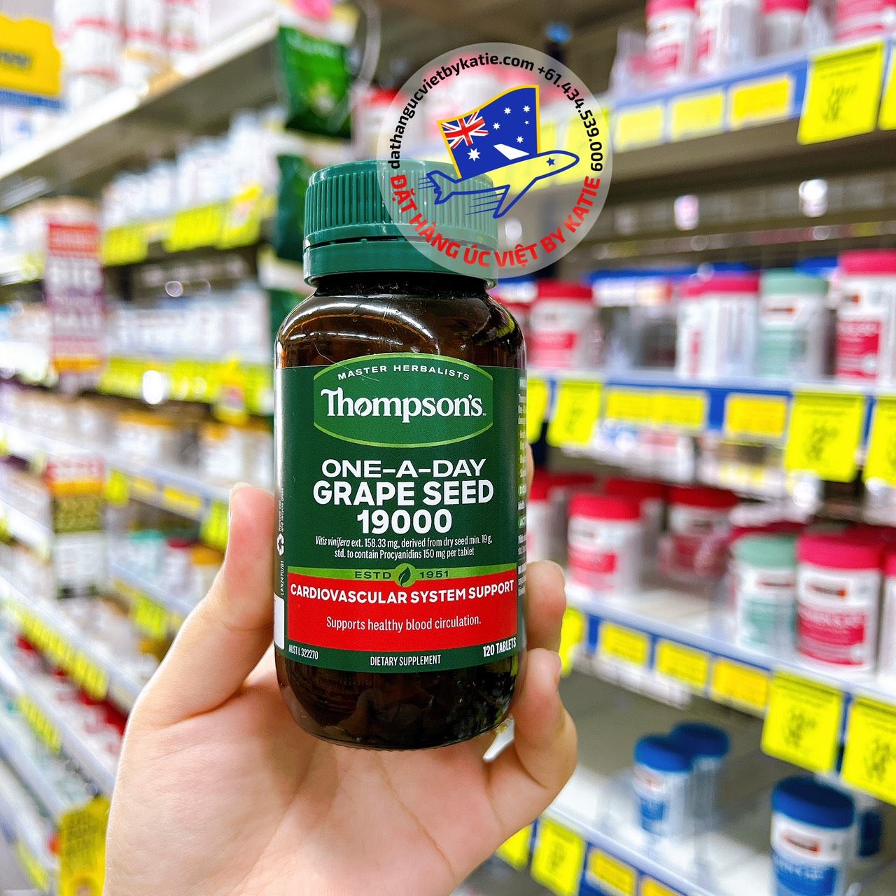  Viên uống hỗ trợ tuần hoàn máu, chống oxy hóa Thompson’s One-A-Day Grape Seed 19000mg Hộp 120 viên 