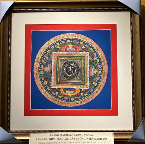 Tranh Mandala Nepal vẽ tay thủ công -tâm chữ Ohm, hoa văn cát ...