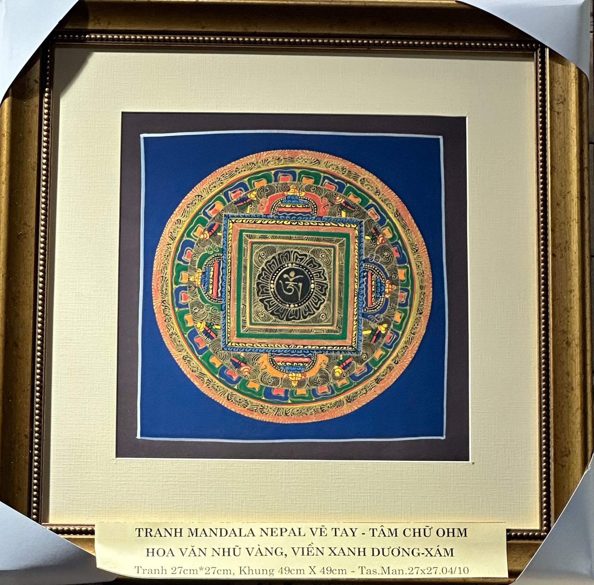 Tranh Mandala Nepal vẽ tay thủ công - tâm chữ Ohm, hoa văn nhũ ...