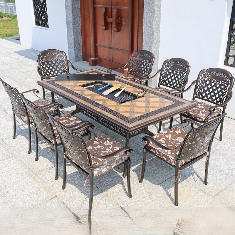 Bộ bàn ghế nhôm đúc mặt đá nhập khẩu tích hợp bếp nướng (1 bàn D188 và 8 ghế)