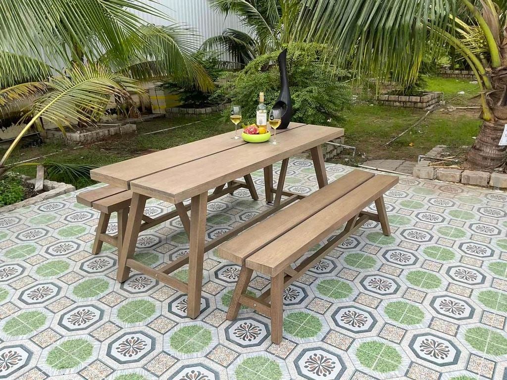 Bộ Bàn Ghế Ngoài Trời 1 Bàn 2 Băng Ghế - Gỗ Bạch Đàn Tự Nhiên
