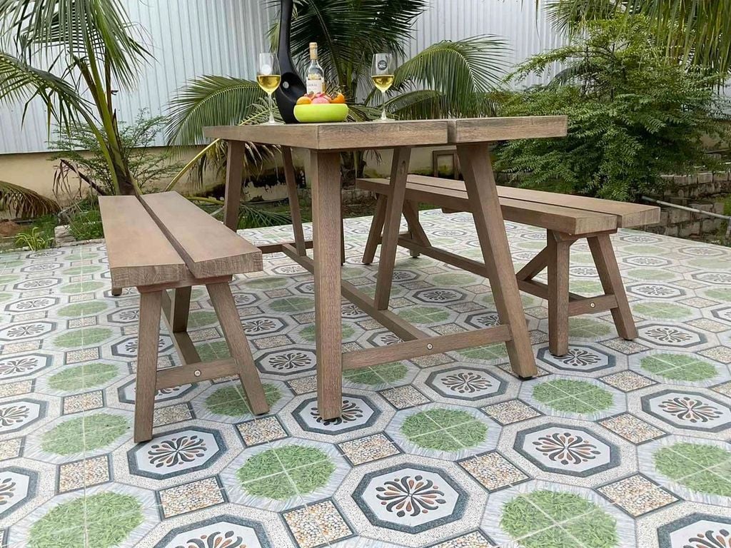 Bộ Bàn Ghế Ngoài Trời 1 Bàn 2 Băng Ghế - Gỗ Bạch Đàn Tự Nhiên