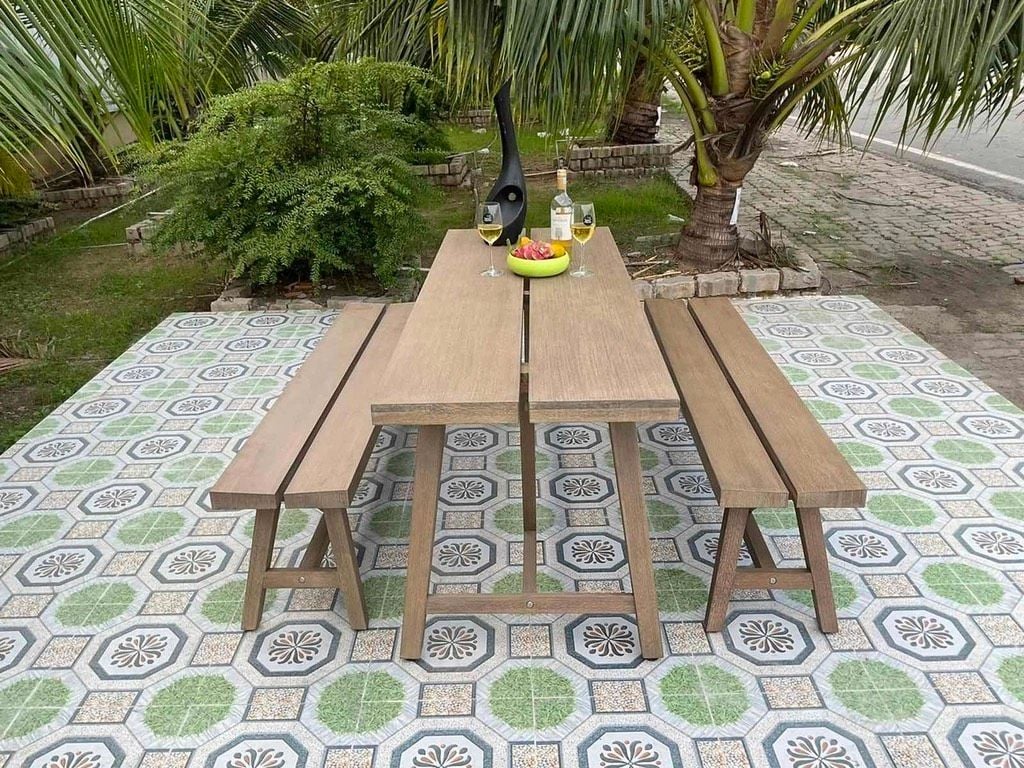 Bộ Bàn Ghế Ngoài Trời 1 Bàn 2 Băng Ghế - Gỗ Bạch Đàn Tự Nhiên