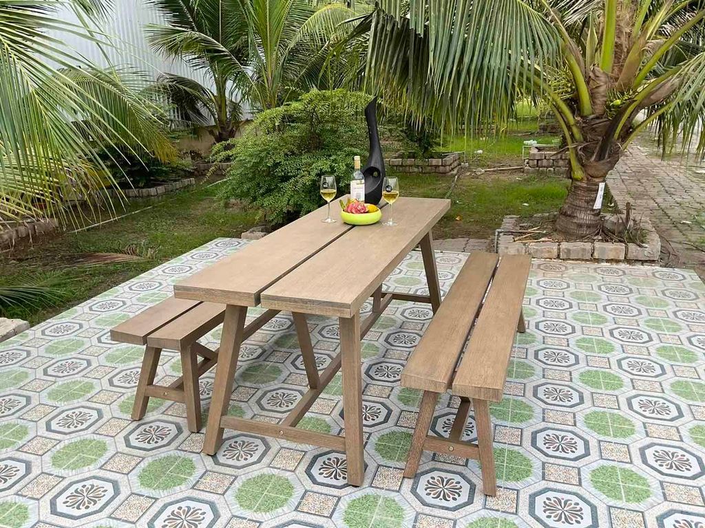 Bộ Bàn Ghế Ngoài Trời 1 Bàn 2 Băng Ghế - Gỗ Bạch Đàn Tự Nhiên