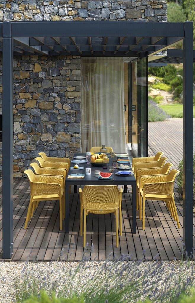Bộ bàn 10 ghế nhập khẩu ngoài trời-DurelTop /chân nhôm/nhựa sợi thủy tinh Rio210/280 - Net chair