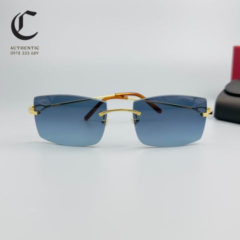 Gọng kính khoan cao cấp mạ vàng mắt râm xanh dương Cartier CT0005RS