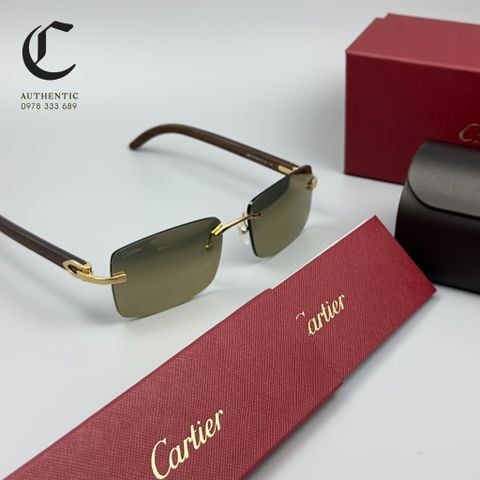 Gọng kính khoan cao cấp mạ vàng mắt nâu trà phủ tráng gương Cartier CT0012RS 001